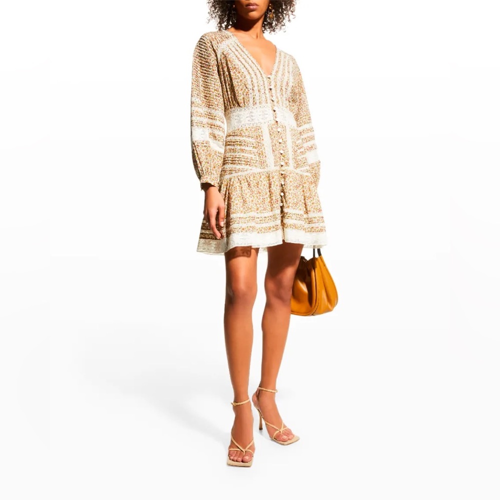 Veronica Beard Tan Mini Dress with Bishop Sleeves and V-Neck